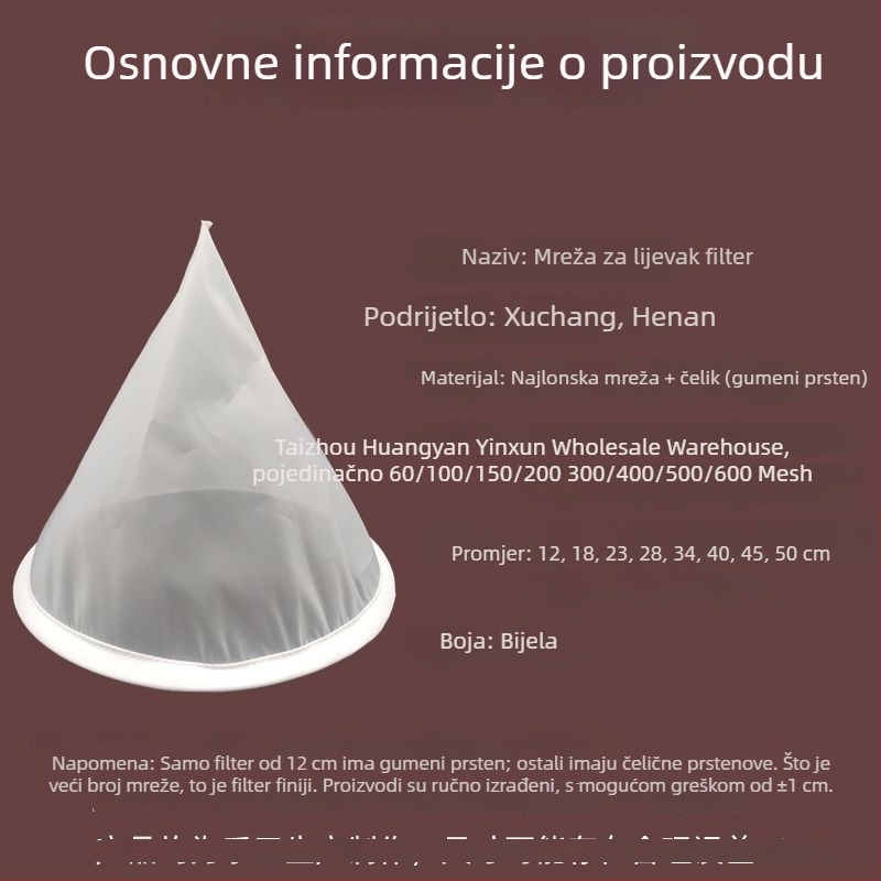 Filter za lijevak, mreža 40-600, ultra-fina, gusta mreža za odvajanje taloga, pogodna za kinesku medicinu, sokove, sojino mlijeko i grožđano vino