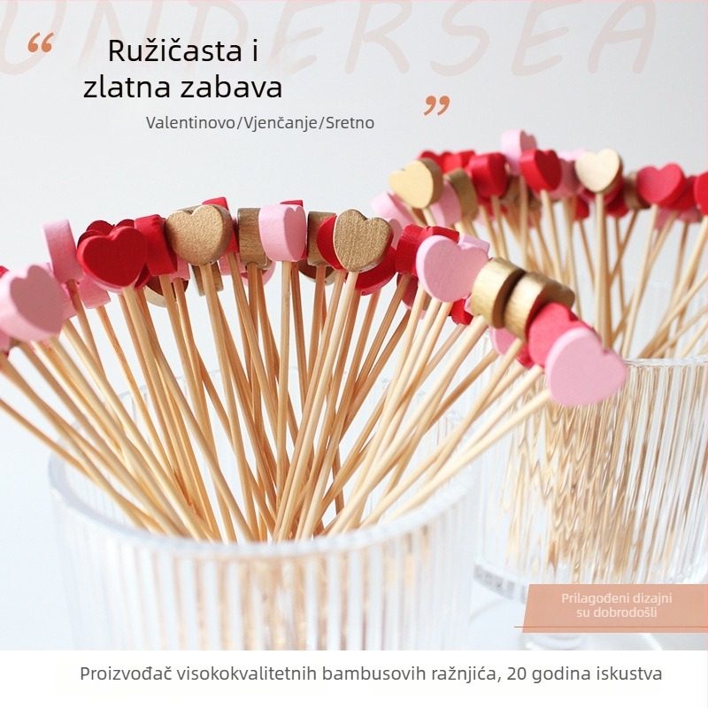 Dekorativni štapići za Valentinovo, karamelizirano voće na štapićima, štapići za koktele sa srcolima, štapići za burgere, šarene srce, zlatna srca