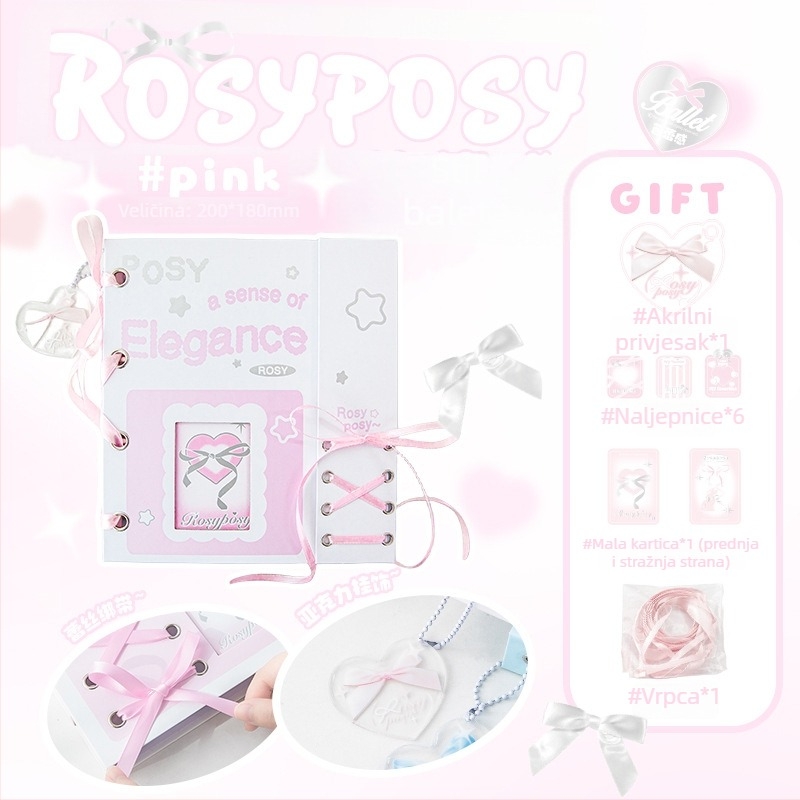 RosyPosy Album kartica s mekim remenom, četiri kvadrata džepa, kremasta boja baleta, magnetsko zatvaranje
