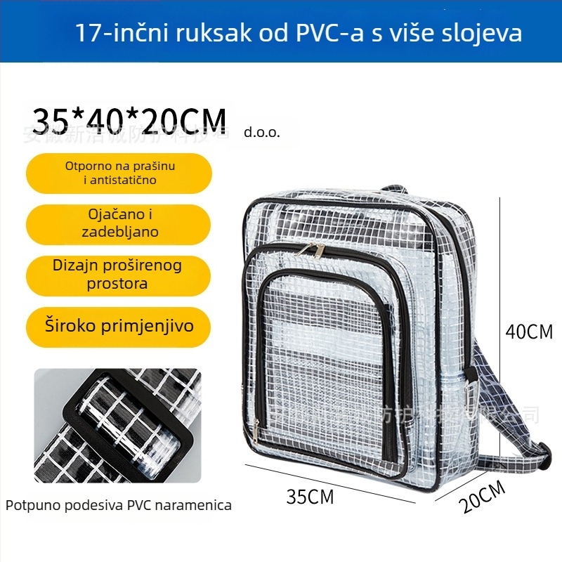 Antistatični PVC mrežni ruksak, 17-inčni prozorno-crni, za čistu prostoriju, lagan i s velikim kapacitetom