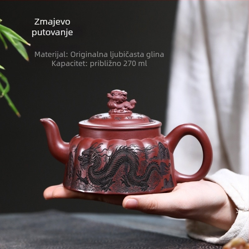 Yixing čajnik od purpurne hline, set za čaj, ručna izrada, motiv zmaja, originalna mineralna purpurna glina