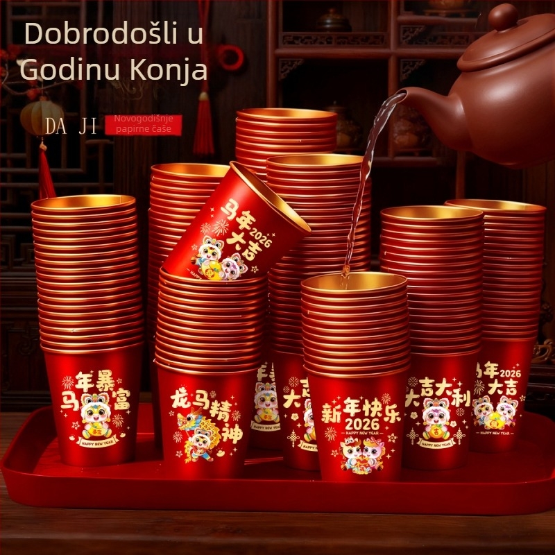 Nova 2026. godina – Godina konja: papirnata šalica s pozlaćenom folijom, jednokratna, crvena, 201–300 ml