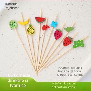 Jednokratni štapići za voće, 100 komada u pakiranju, bambus štapići s motivima: lubenica, jagoda, kaktus, ananas, jabuka, list banane – kreativni dizajn