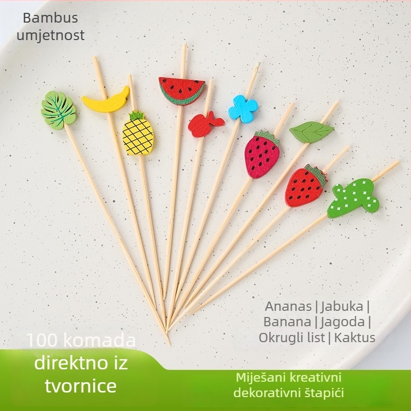 Jednokratni štapići za voće, 100 komada u pakiranju, bambus štapići s motivima: lubenica, jagoda, kaktus, ananas, jabuka, list banane – kreativni dizajn