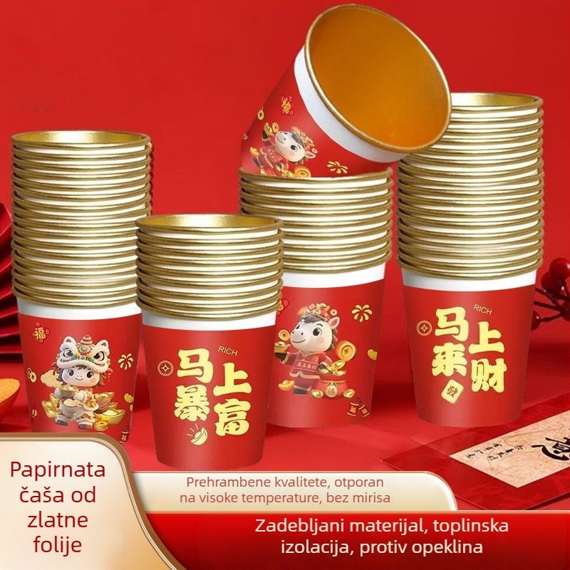 2026. godina Konja – papirnate čaše sa zlatnom folijom, jednokratne, crvene, deblje, otporne na visoke temperature, kućna upotreba, zapremine 201–300 ml