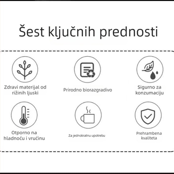 Jednokratne čaše od ljuske riže, biološki razgradljive, debele stijenke i otporne na visoke temperature, za kavu i sojino mlijeko, kapacitet 101–200 ml