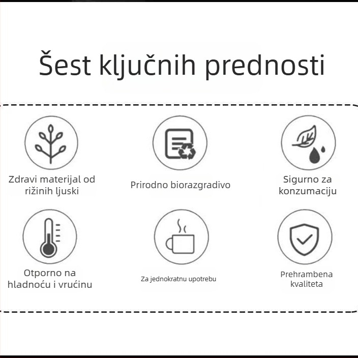 Jednokratne čaše od ljuske riže, biološki razgradljive, debele stijenke i otporne na visoke temperature, za kavu i sojino mlijeko, kapacitet 101–200 ml
