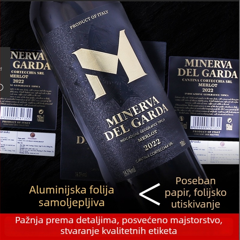 Prilagođene etikete za crveno vino – samoljepljive etikete, zlatno toplinsko utiskivanje, reljefni sitotisak i UV tisak na rolama etiketa