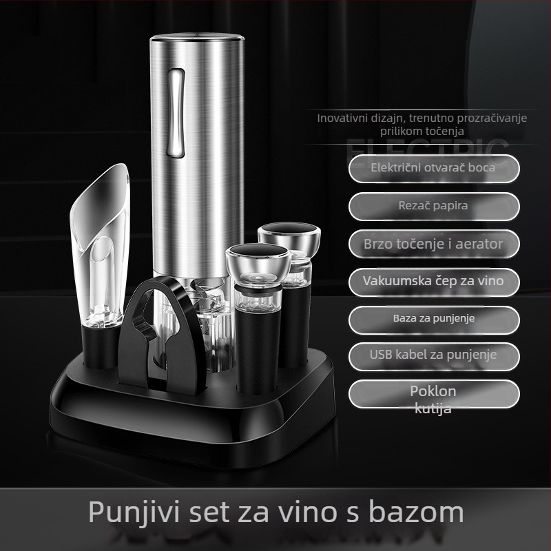Šest u jednome električni otvorivač za vino sa stalkom, punjivi, potpuno automatizirani, poklon set