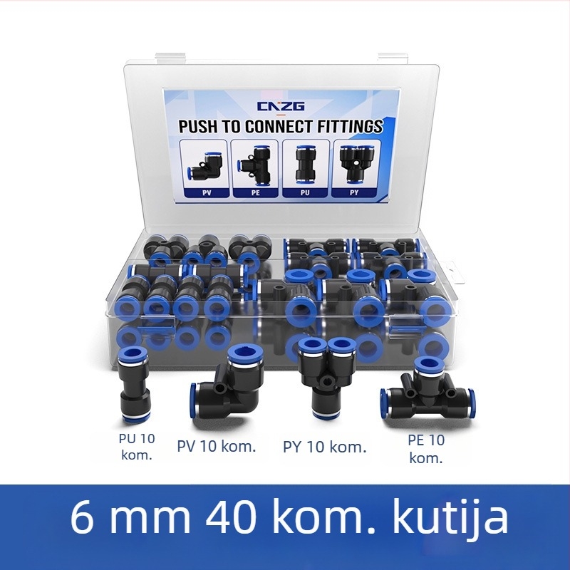40 komada pneumatskih plastičnih konektora, 6 mm, kutija za brzo spajanje, 1/4 inča, 60 komada pravih konektora