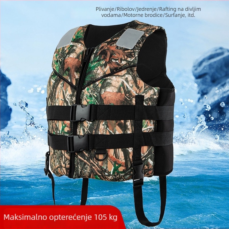 Spasiva jakna s džungla kamuflažom, visoka plovnost i zaštita od sudara, pogodna za snorkeling, ribolov, vodene sportove, motorne brodice, rafting, plovidbu i potragu za spašavanje