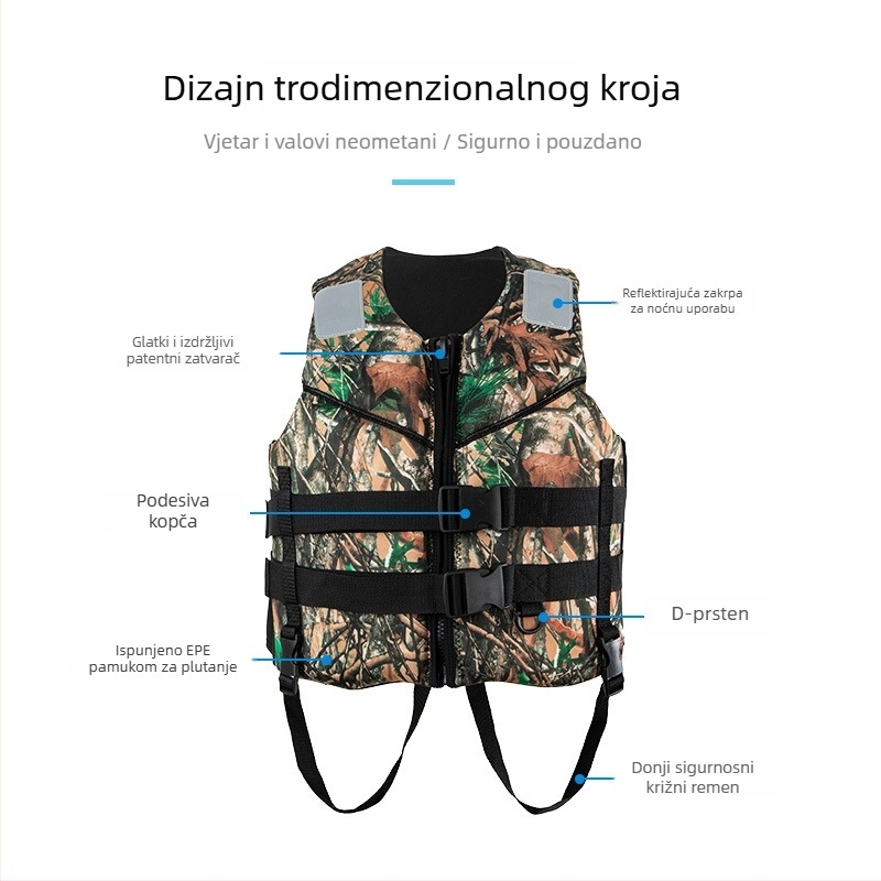 Spasiva jakna s džungla kamuflažom, visoka plovnost i zaštita od sudara, pogodna za snorkeling, ribolov, vodene sportove, motorne brodice, rafting, plovidbu i potragu za spašavanje