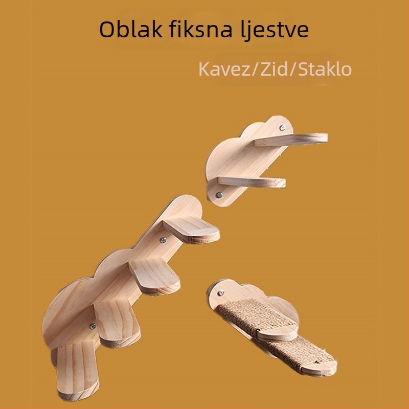 Drveni zidni prostor za mačke s ljestvama i okvirom za penjanje, konopnim užetom za grebanje, dizajn s oblacima