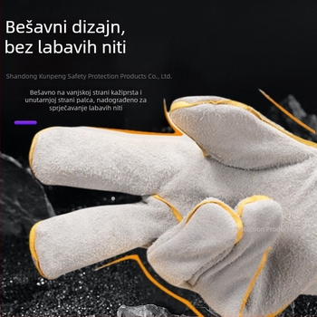 Zavarivačke rukavice od dvostruke teleće kože, produžene duljine, otporne na habanje, protuklizne, toplinski izolirane, upijaju znoj, zaštita pri visokim temperaturama.
