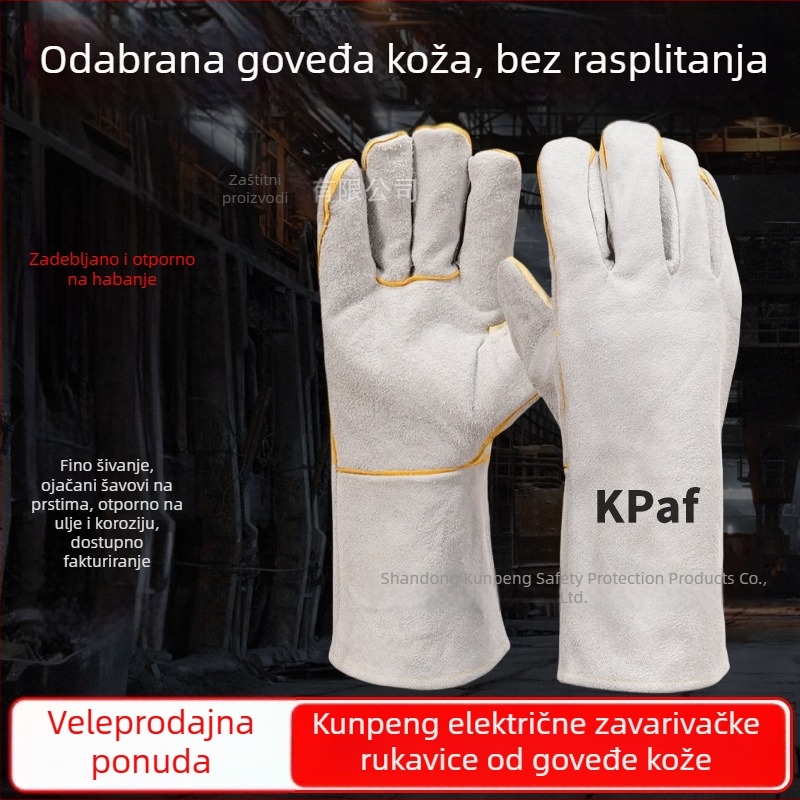 Zavarivačke rukavice od dvostruke teleće kože, produžene duljine, otporne na habanje, protuklizne, toplinski izolirane, upijaju znoj, zaštita pri visokim temperaturama.