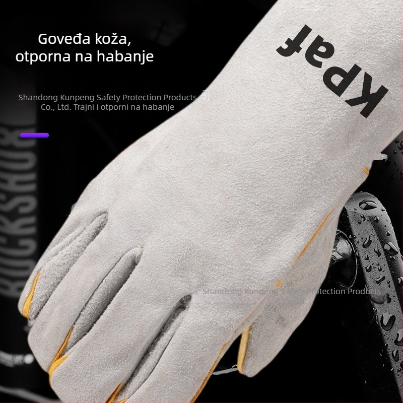 Zavarivačke rukavice od dvostruke teleće kože, produžene duljine, otporne na habanje, protuklizne, toplinski izolirane, upijaju znoj, zaštita pri visokim temperaturama.