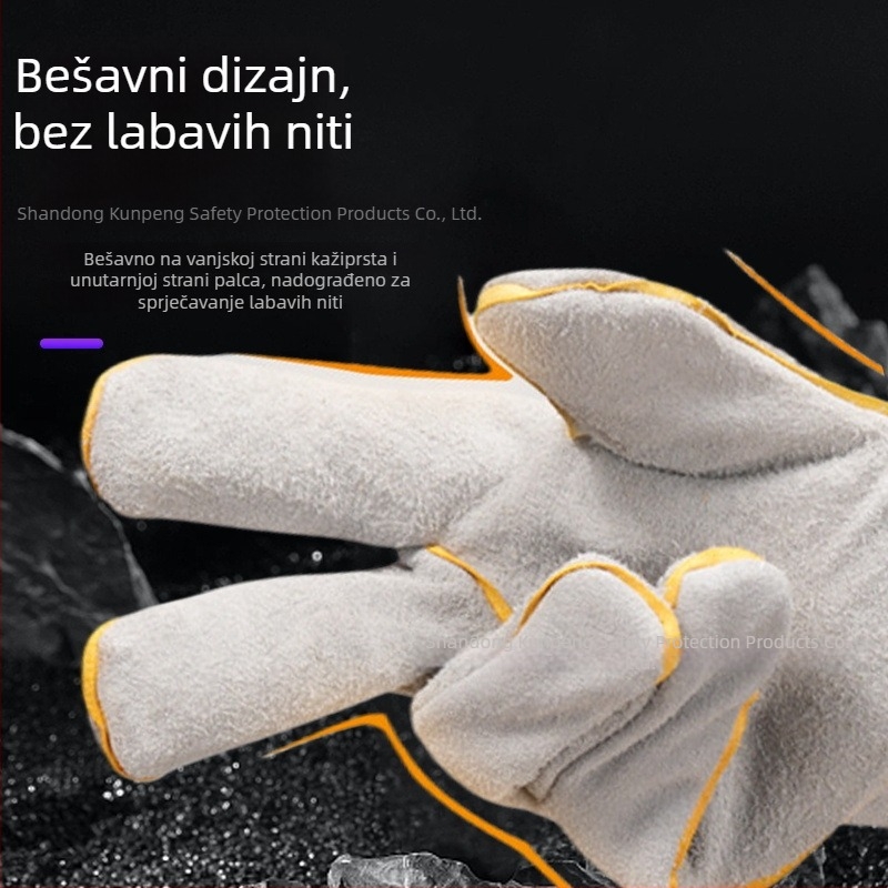 Zavarivačke rukavice od dvostruke teleće kože, produžene duljine, otporne na habanje, protuklizne, toplinski izolirane, upijaju znoj, zaštita pri visokim temperaturama.