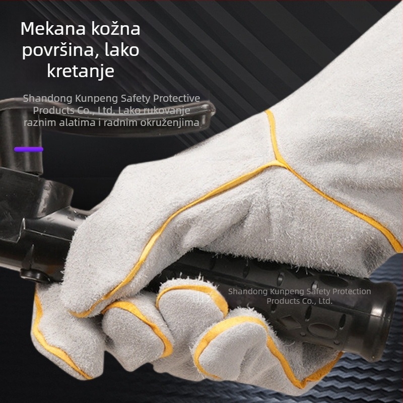 Zavarivačke rukavice od dvostruke teleće kože, produžene duljine, otporne na habanje, protuklizne, toplinski izolirane, upijaju znoj, zaštita pri visokim temperaturama.