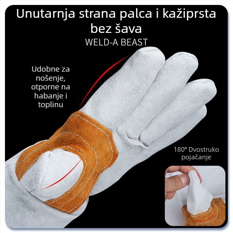 Rukavice za zavarivanje od goveđe kože Welding Beast, izolirane, otporne na visoke temperature, zaštita od opeklina, debele i otporne na habanje, zaštita od prskanja