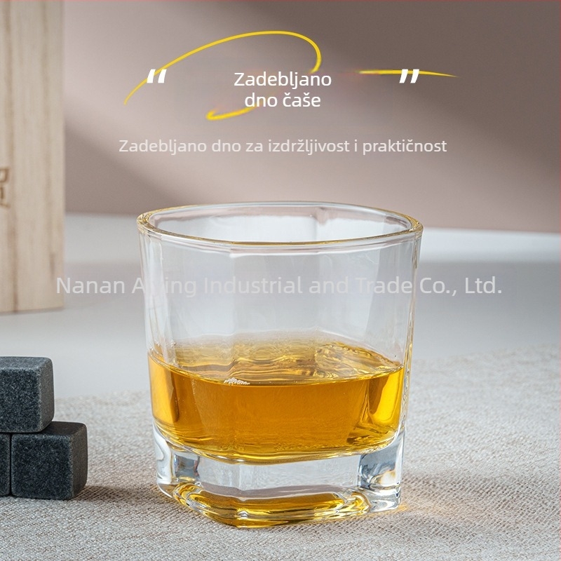 Čaša za whiskey u drvenoj kutiji s kamenčićima za hlađenje vina i poklopcem od drveta Paulovnije – poklon set