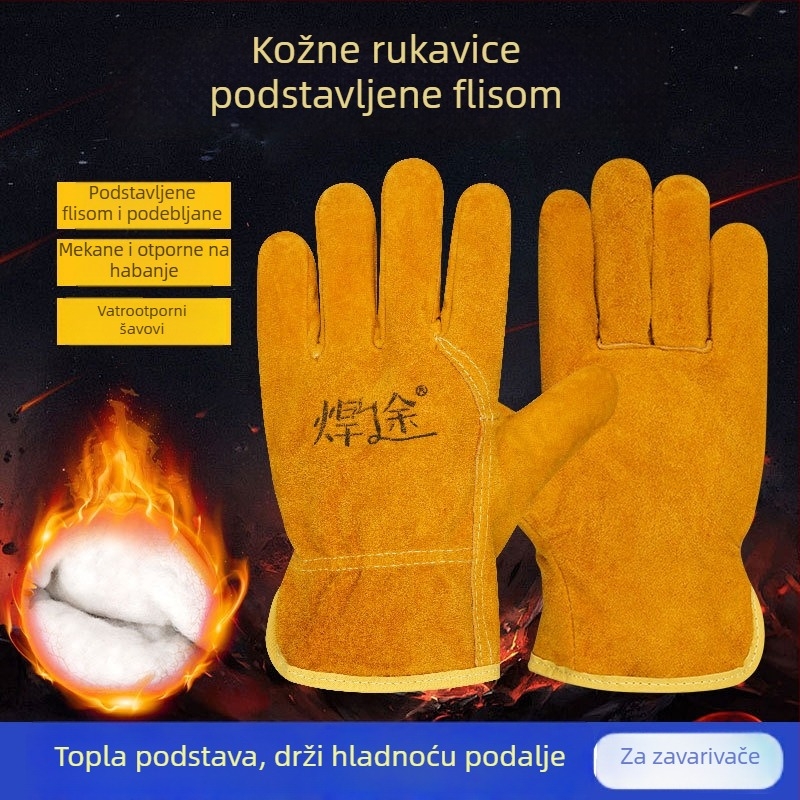 Rukavice za zavarivanje s pamukom, debele, otporne na habanje, toplotno izolirane, otporne na visoke temperature, zaštita od opeklina, dvostruko slojeva goveđe kože