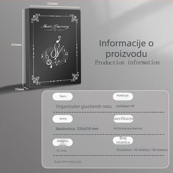 Folder za note s prozirnim umetkom za bubnjeve i klavir, prilagodljiv organizator