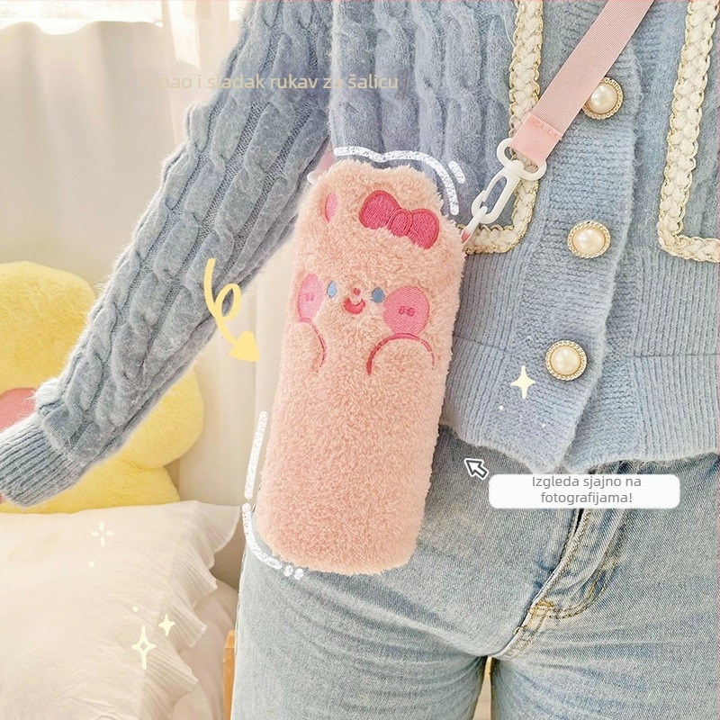 Slatka pliš futrola za izoliranu čašu s crossbody naramenicom, crtani dizajn, veliki kapacitet