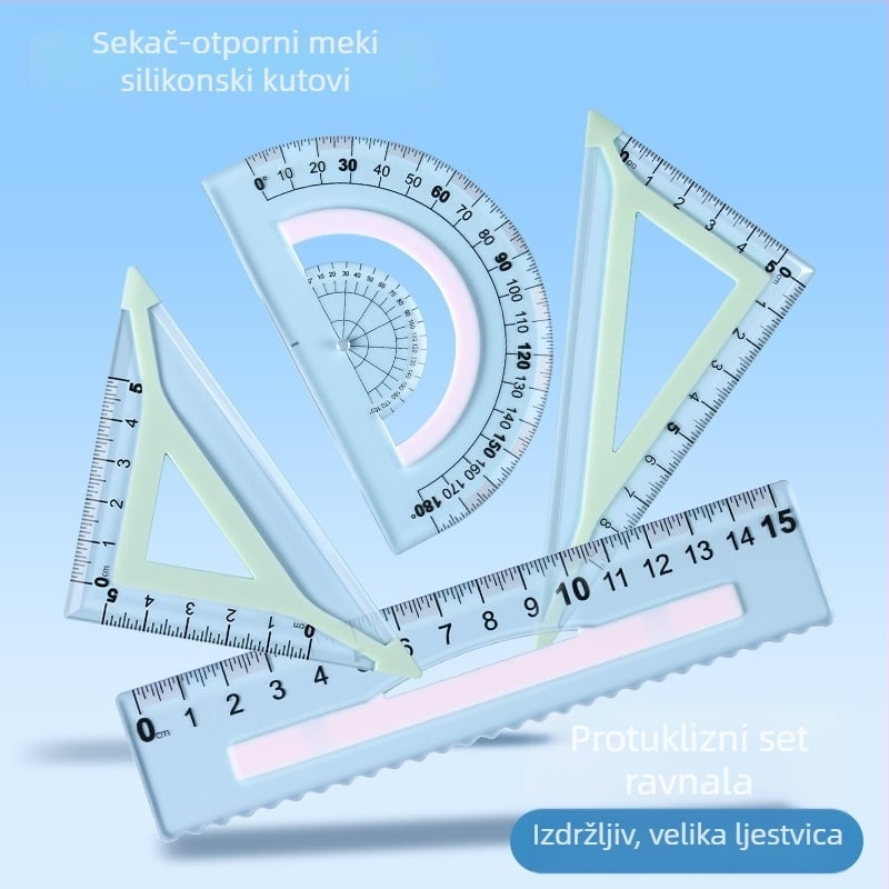 Veliki prozirni ravnalo set za učenike, 4 komada, za crtanje, otporno na udarce, 15 cm