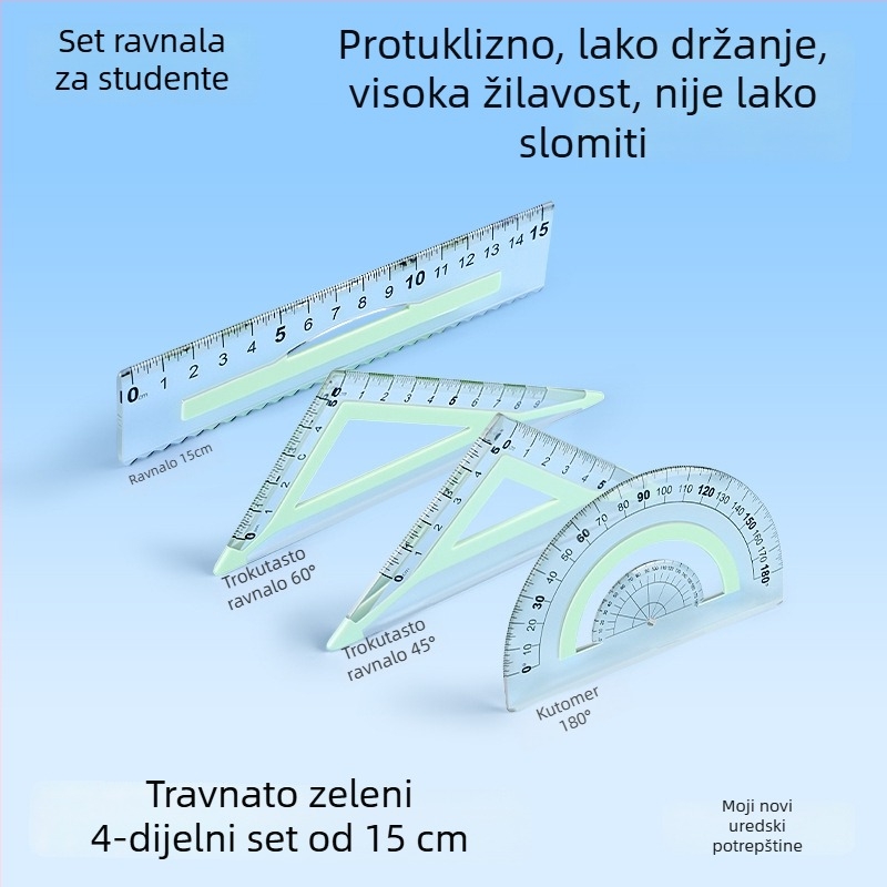 Veliki prozirni ravnalo set za učenike, 4 komada, za crtanje, otporno na udarce, 15 cm