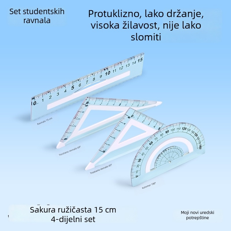 Veliki prozirni ravnalo set za učenike, 4 komada, za crtanje, otporno na udarce, 15 cm