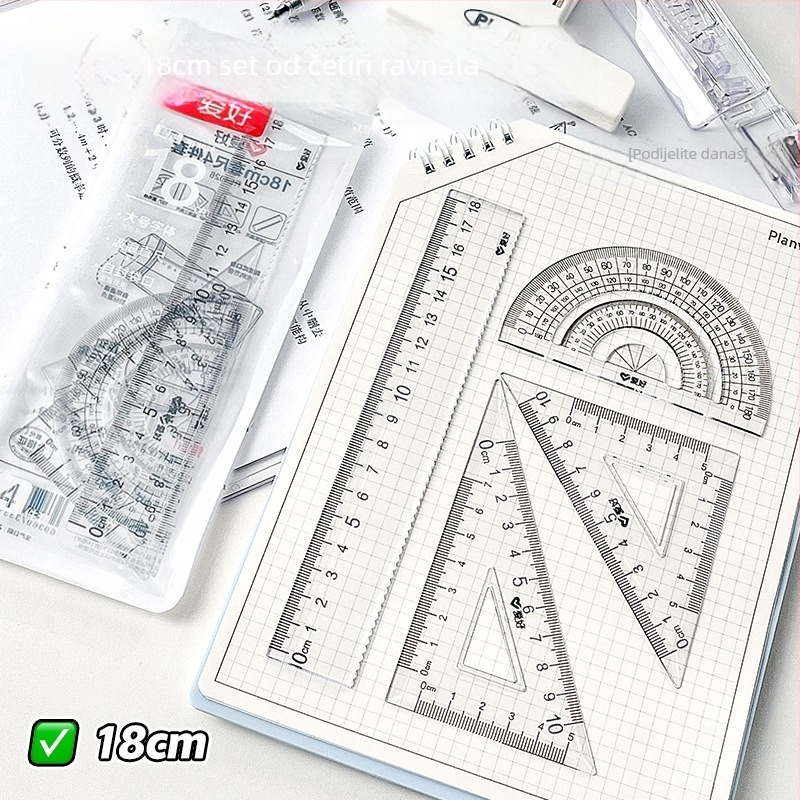 Hobby set od četiri mjernih alata: trokutasto ravnalo, ravnalo, ravnalo s mrežom i kutomjer, prozirni akril