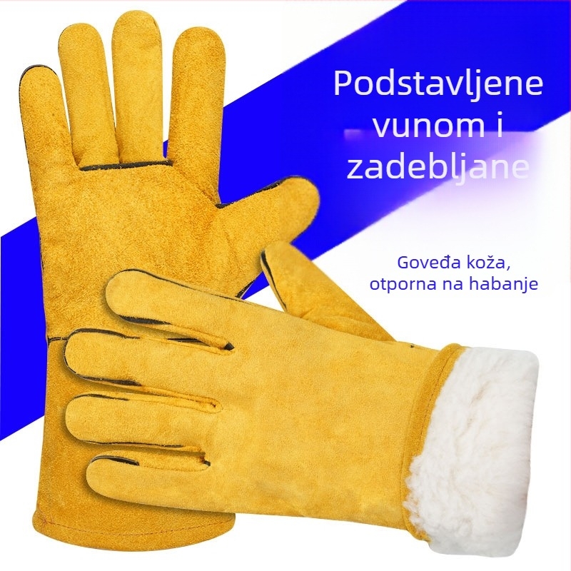 Rukavice za zavarivanje od kravlje kože s pamukastom podstavom, dugačke, protiv opeklina, toplinska izolacija, otporne na habanje, dvostruka koža, mekane zaštitne rukavice za zavarivanje