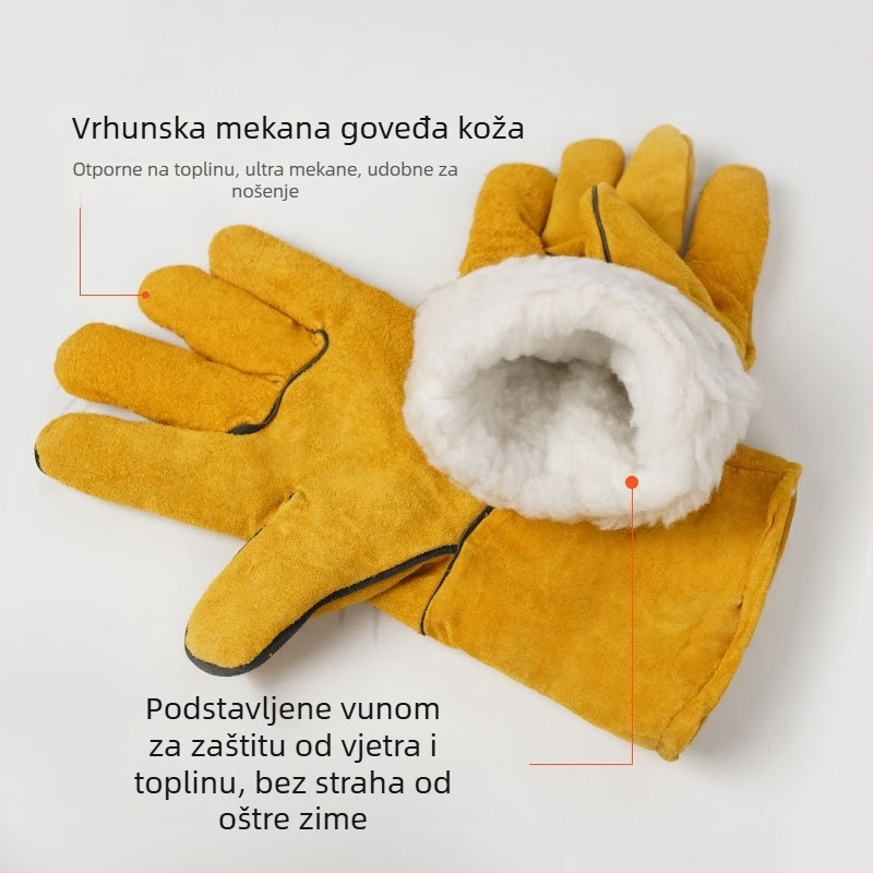 Rukavice za zavarivanje od kravlje kože s pamukastom podstavom, dugačke, protiv opeklina, toplinska izolacija, otporne na habanje, dvostruka koža, mekane zaštitne rukavice za zavarivanje