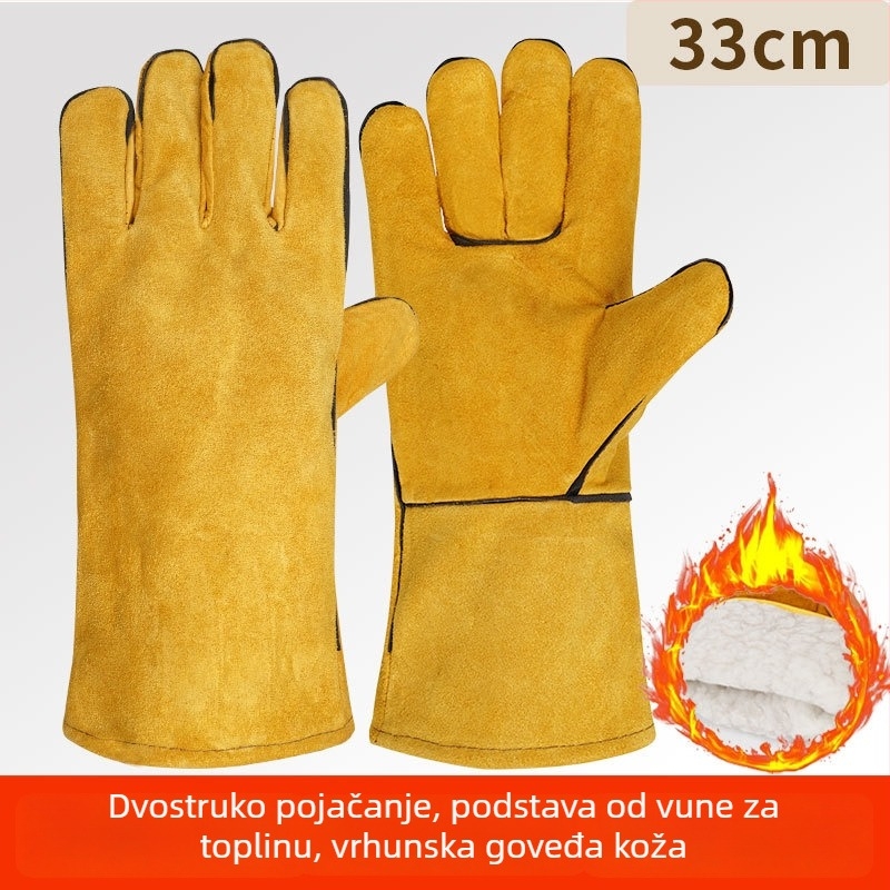 Rukavice za zavarivanje od kravlje kože s pamukastom podstavom, dugačke, protiv opeklina, toplinska izolacija, otporne na habanje, dvostruka koža, mekane zaštitne rukavice za zavarivanje