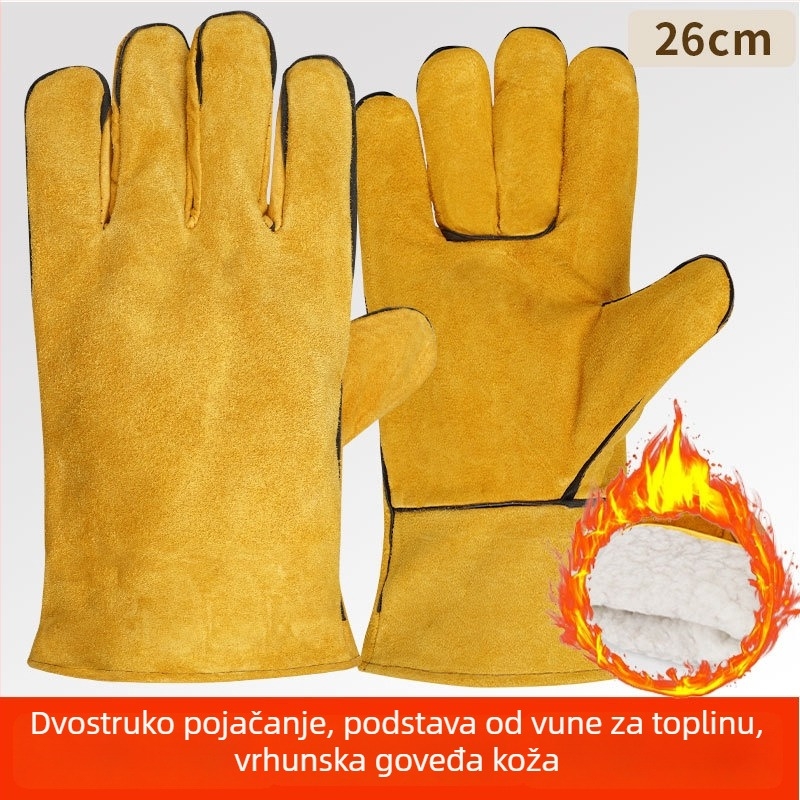 Rukavice za zavarivanje od kravlje kože s pamukastom podstavom, dugačke, protiv opeklina, toplinska izolacija, otporne na habanje, dvostruka koža, mekane zaštitne rukavice za zavarivanje