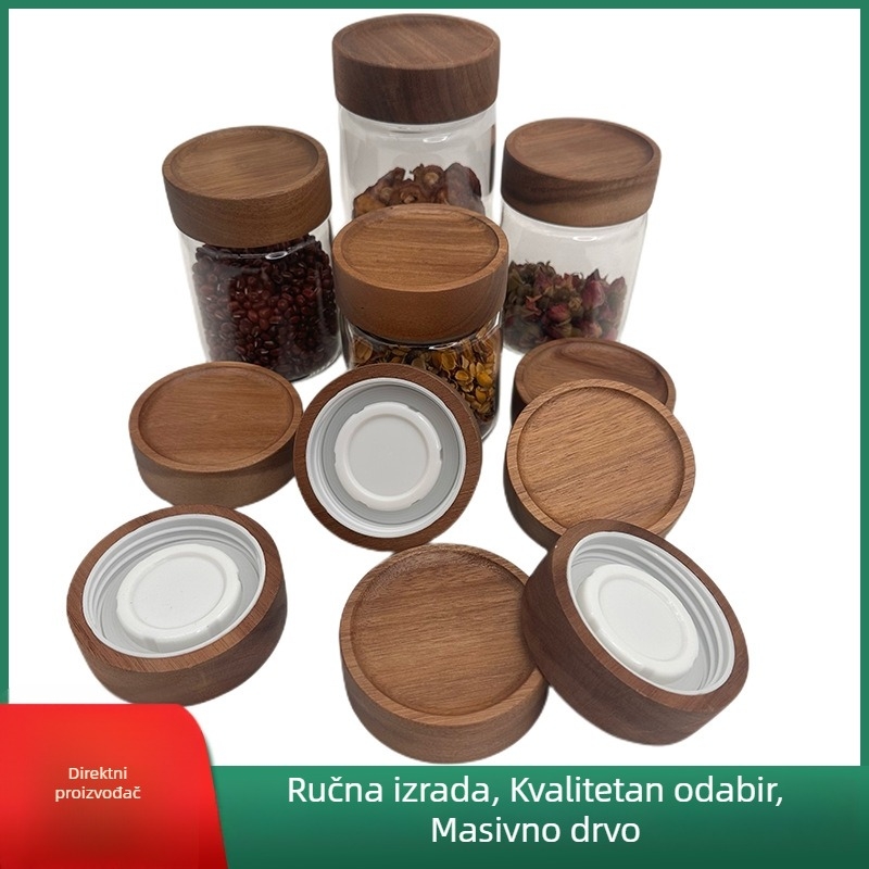 Staklena posuda za čaj od akacije s staklenim tijelom i navojnim poklopcem, promjer 80 mm