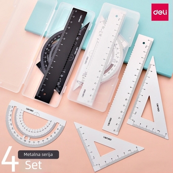 Deli 79522 metalni set ravnala za crtanje: ravnalo, kutni ravnalo (set-square), protractor – četverodijelni set