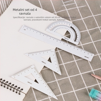 Deli 79522 metalni set ravnala za crtanje: ravnalo, kutni ravnalo (set-square), protractor – četverodijelni set