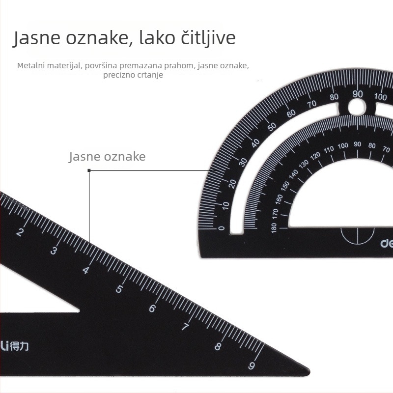 Deli 79522 metalni set ravnala za crtanje: ravnalo, kutni ravnalo (set-square), protractor – četverodijelni set