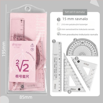 Matematički set ravnala s oznakom korijena, pravokutno ravnalo i trokutno ravnalo za ispite