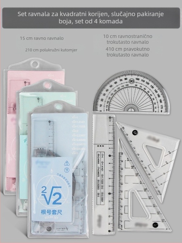 Matematički set ravnala s oznakom korijena, pravokutno ravnalo i trokutno ravnalo za ispite