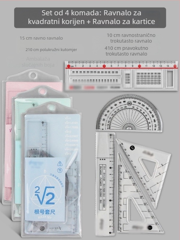 Matematički set ravnala s oznakom korijena, pravokutno ravnalo i trokutno ravnalo za ispite