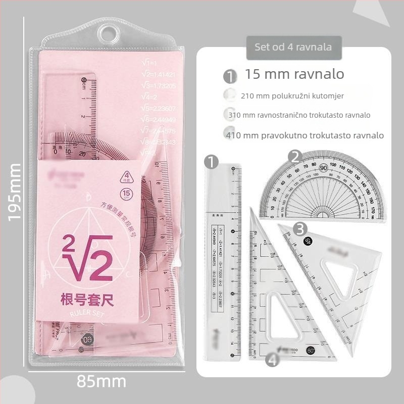 Matematički set ravnala s oznakom korijena, pravokutno ravnalo i trokutno ravnalo za ispite