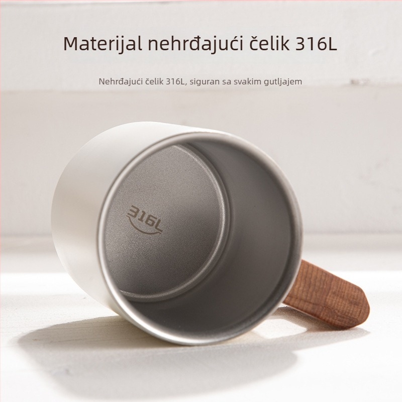 Šalica od nehrđajućeg čelika 316, drška od drveta, nordijskog stila, dvostruki zid, za kavu ili čaj, s laserskim logom
