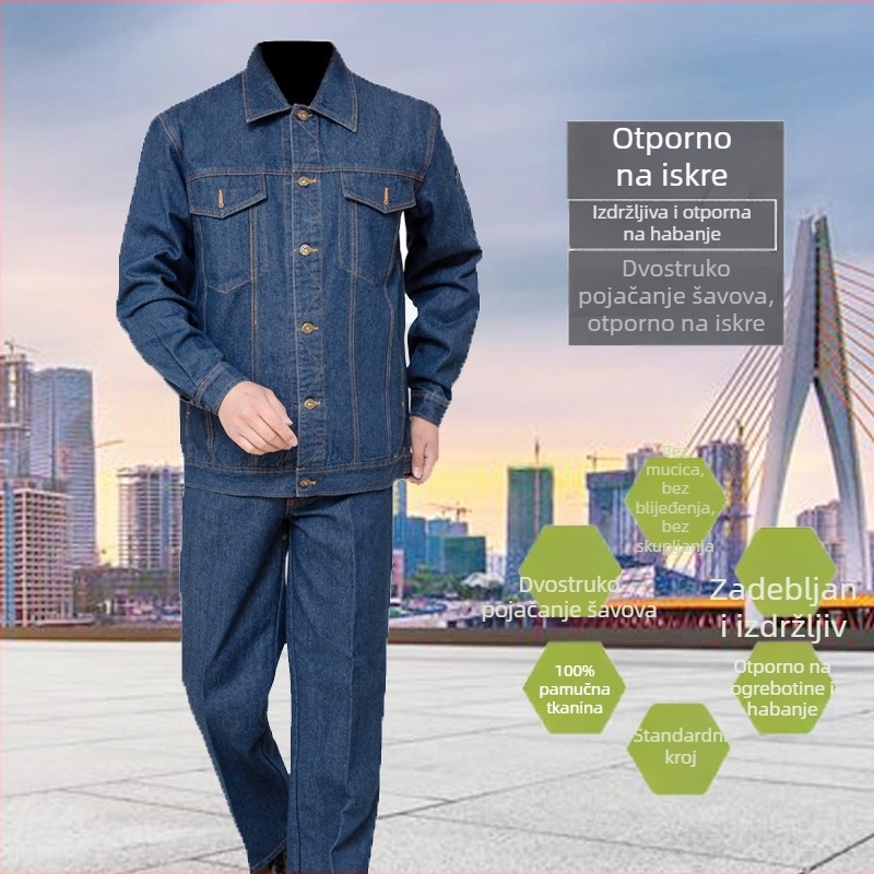 Denim radna odjeća za proljeće-jesen s reflektirajućim trakama, izdržljiva i otporno na mrlje.