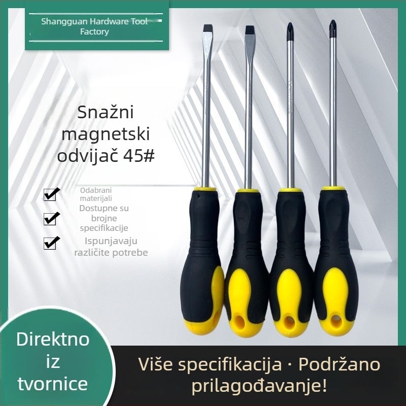 Magnetski odvijač s gumiranom anti-kliznom drškom, ravni i krstni vrh, od čelika 45#