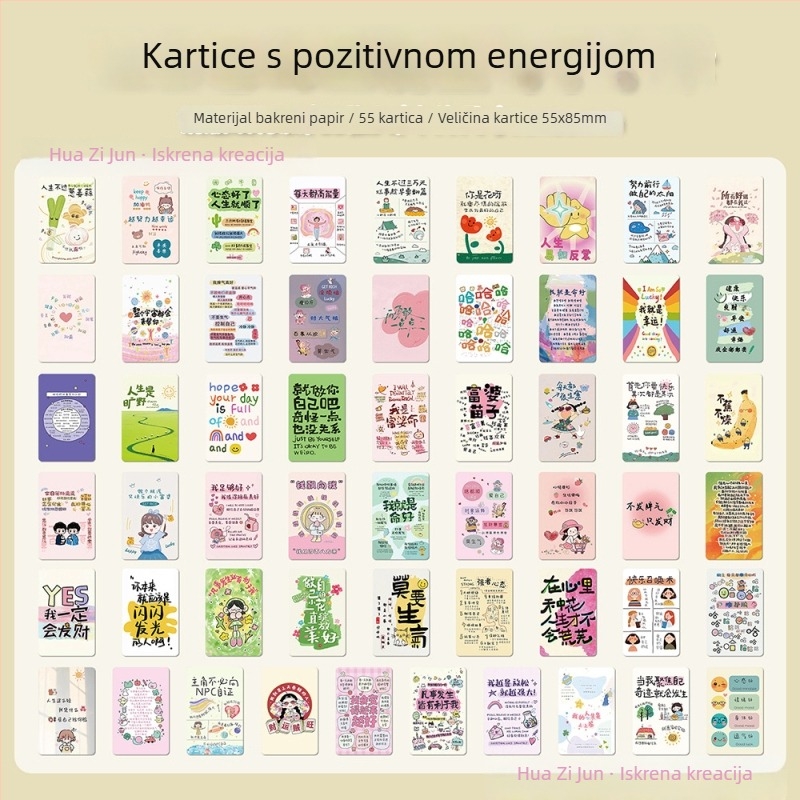 55 kartica s pozitivnim porukama — Insta-stil, ručno crtane ilustracije, samoprintani set kartica