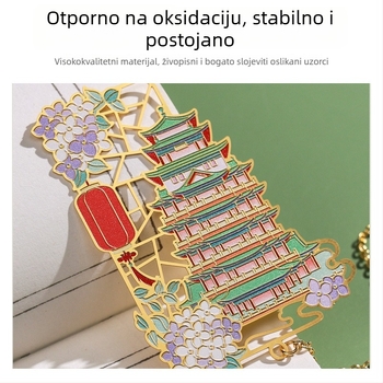 Metalna založka za knjigu s lancem, kineskog stila, izrezani klip za stranicu, arhitektonski i pejzažni motivi