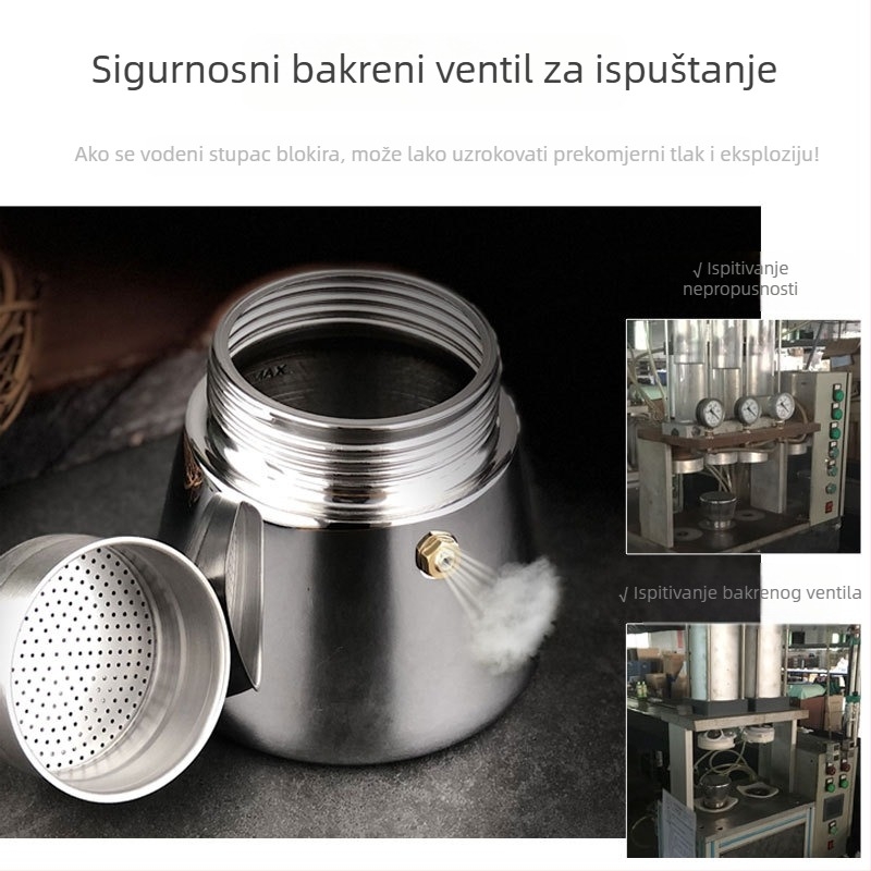 Moka lonac od nehrđajućeg čelika 304, 200 ml, kompatibilan s indukcijom, prijenosan, talijanskog stila