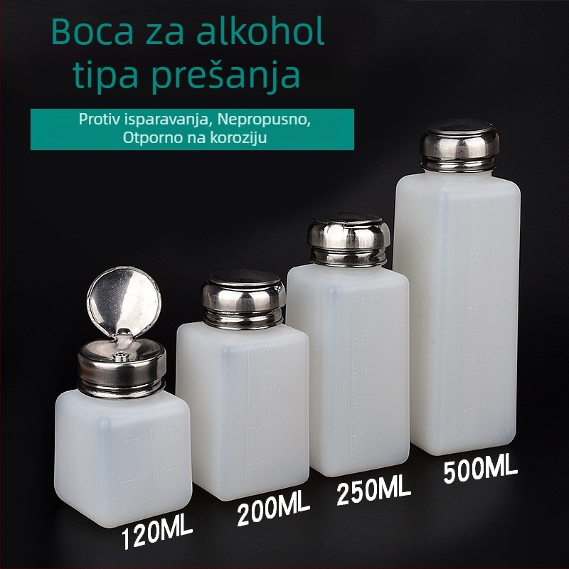 Bočica alkohola od aluminij-plastičnog materijala s pumpom i aluminijskim poklopcem, industrijska boca za otapala, antistatinska